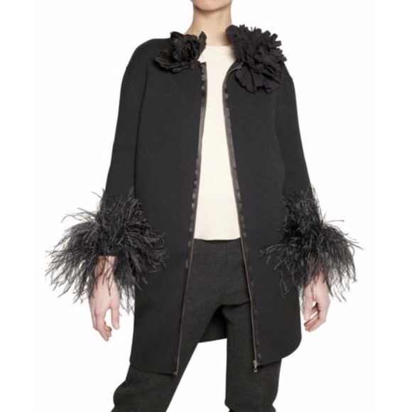 Lanvin Ostrich Feather Cuffs Wool Knit Coat Black - Picture 2 of 8